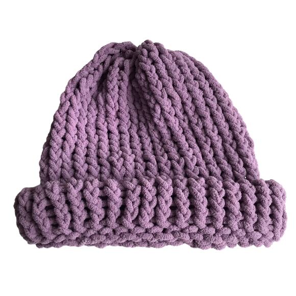 Handmade Knit Hat Stocking Cap Ribbed Beanie Purple Winter Ski Hat Scandi Girl - Picture 3 of 7